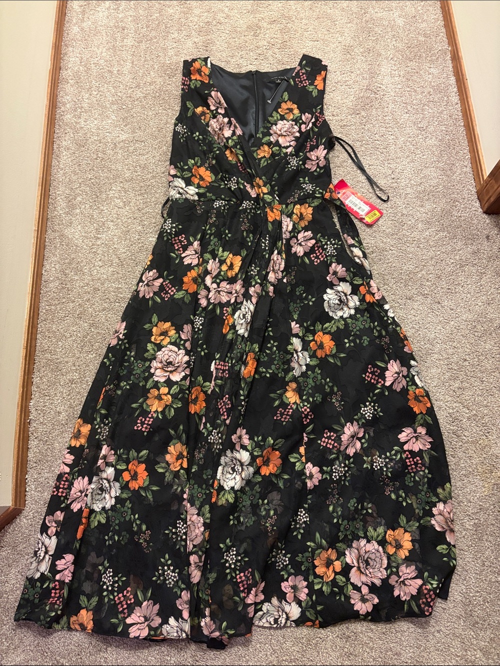 Alex Marie Black Floral Wrap Maxi Dress with Pink & Orange Blooms